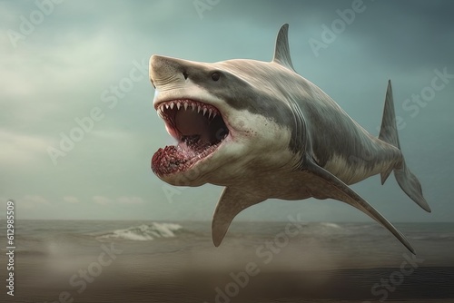 Model of a dangerous predatory white shark with open mouth above the water AI Generative AI