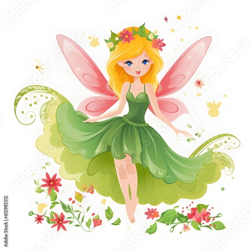 Whimsical winged enchantment, magical illustration of colorful fairies with cute wings and enchanting flower charms