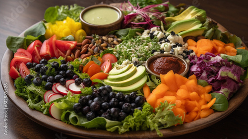 A platter of colorful and fresh salads  featuring a mix of greens  vegetables  and flavorful dressings