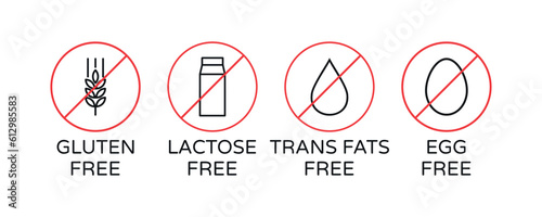 Allergen Free Icon Design Vector Set. Food Diet labels  Gluten Free, Lactose Free, Trans Fats and Egg Free. Organic, Vegan, Bio and Ecological Symbols.