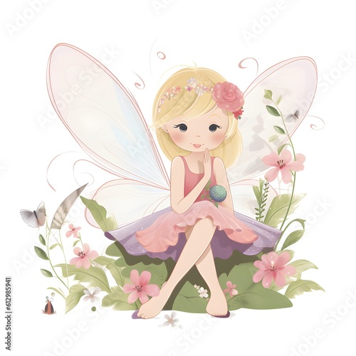 Magical floral fantasy, vibrant clipart of cute fairies with colorful wings and enchanting flower magic