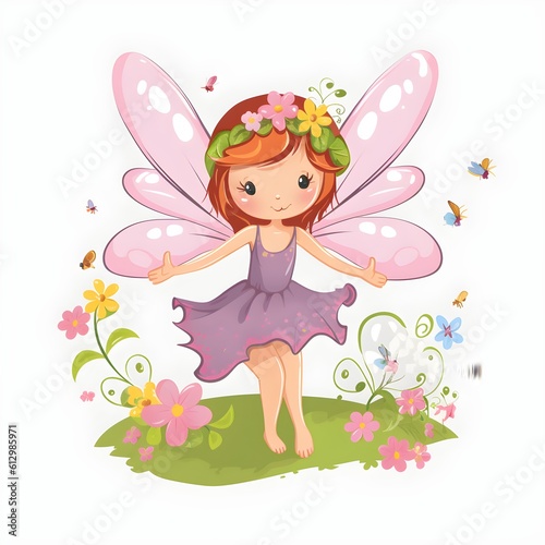Playful pixie magic, delightful illustration of a cute fairy with colorful wings and magical flower adornments