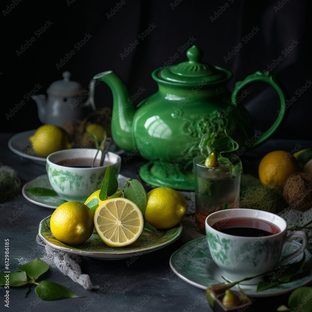 Teapot Filled with Hot Green Tea and Tea Cups