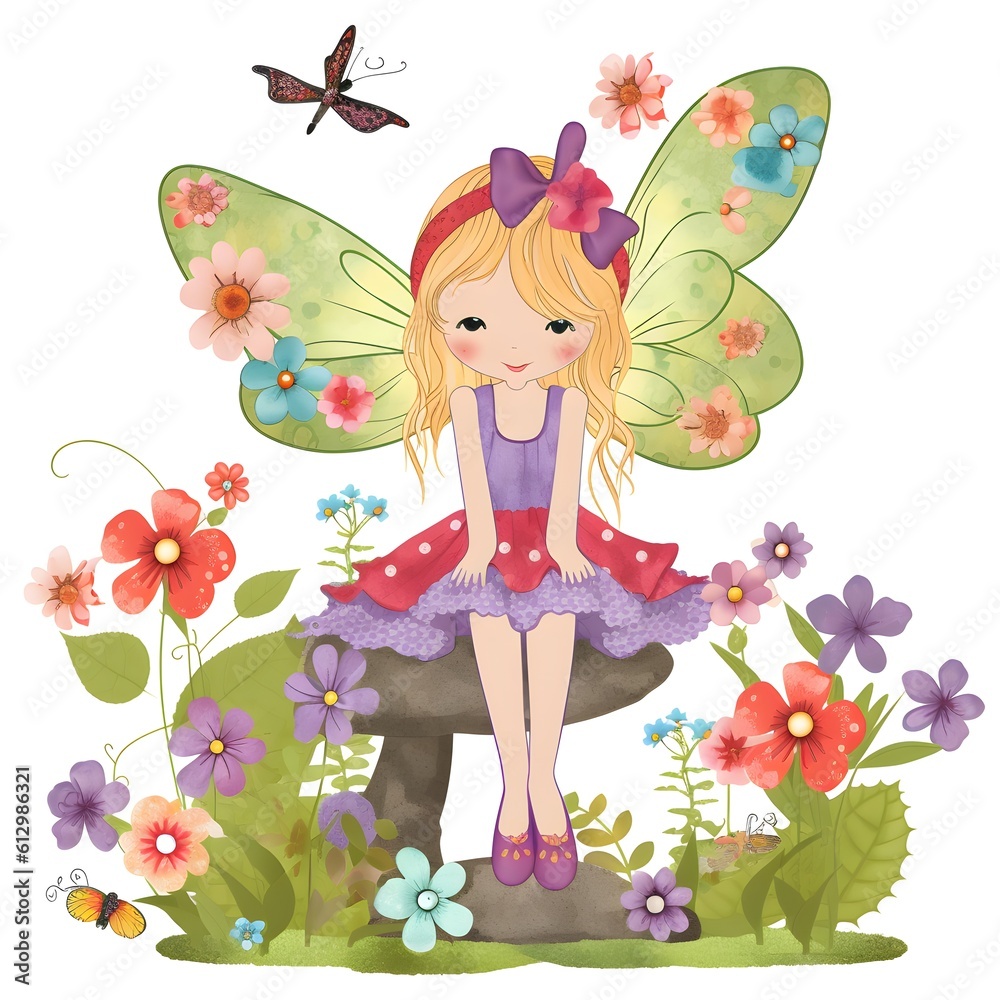 Blossom fairyland bliss, adorable illustration of colorful fairies with blossom wings and blissful flower magic