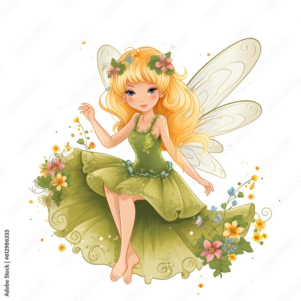 Playful pixie meadows, adorable clipart illustration of colorful fairies with cute wings and meadow flower delights