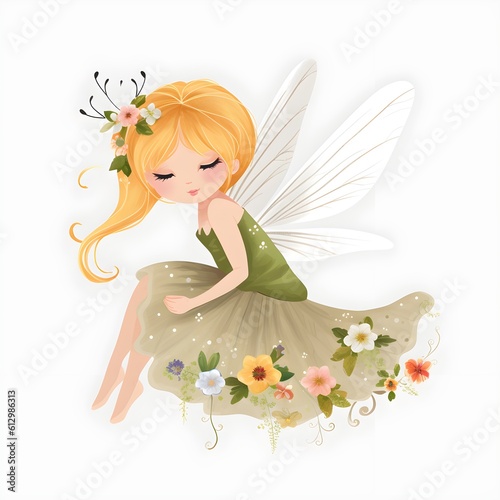 Whimsical fairy haven  adorable clipart illustration of colorful fairies with cute wings and serene flower accents
