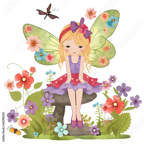 Blossom fairyland bliss, adorable illustration of colorful fairies with blossom wings and blissful flower magic