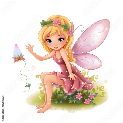 Whimsical floral whispers  adorable illustration of colorful fairies with cute wings and whispering flower delights