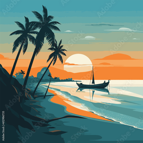 Vector illustration with a simple beautiful seascape with palms, beach and ocean in the background