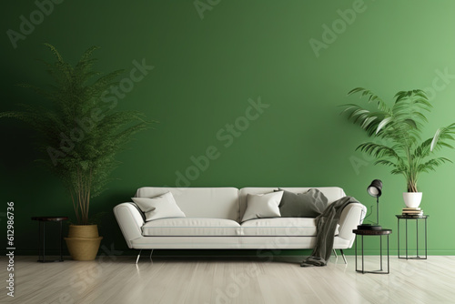 Minimalist living room interior with sofa and a green wall. Generative AI.