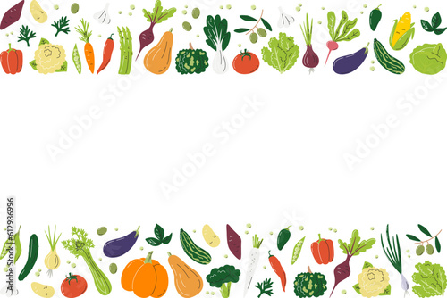Horizontal banner composition with eco organic vegetables. Rectangle frame of various fresh veggies. Agricultural food background concept design. Hand drawn flat vector illustration with copy space