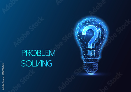 Problem solving, critical thinking futuristic concept with lightbulb and question mark on blue