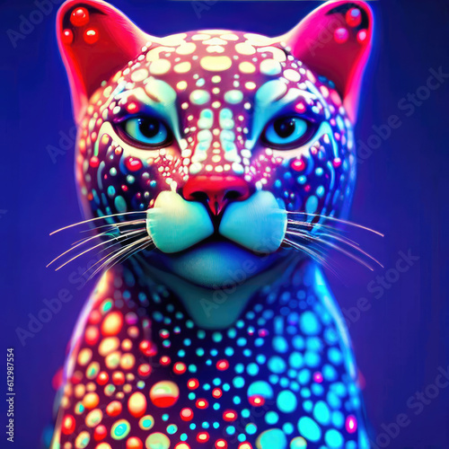 Vividly Colored Cat with Polka Dots on Purple Background Generative AI photo