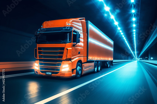 Truck with container on road, cargo transportation concept