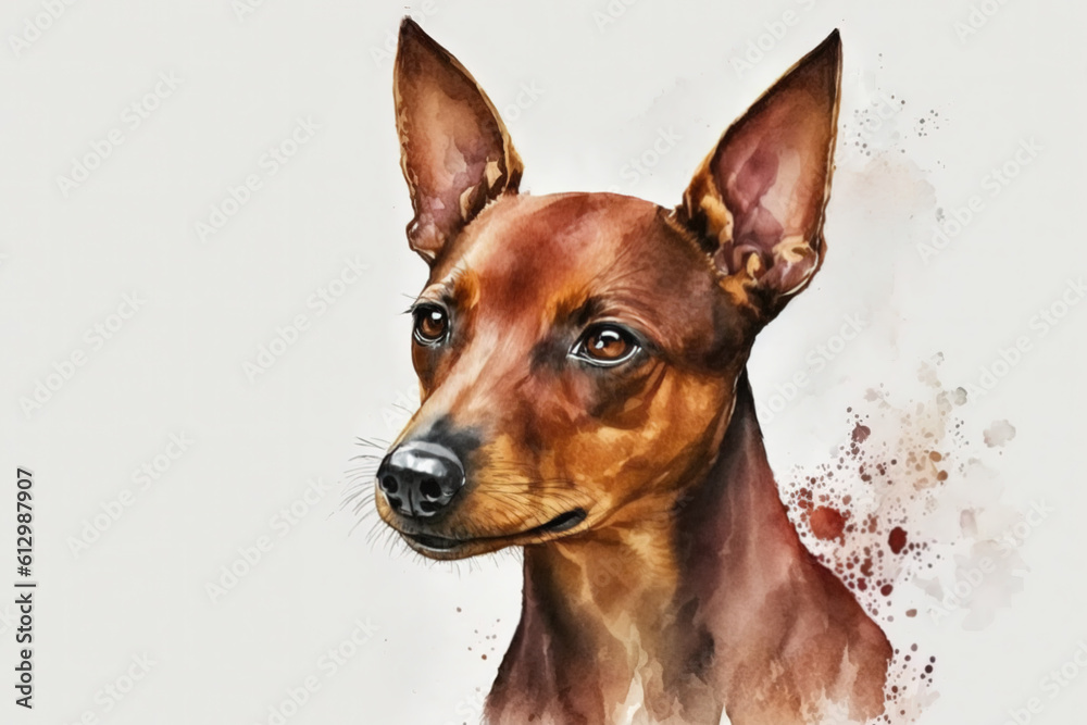 Realistic Portrait of Red a Miniature Pinscher. Cute funny puppy, toy terrier. Watercolor. Generative AI. Realistic Portrait of Red a Miniature Pinscher. Cute funny puppy, toy terrier. Watercolor. Generative AI.
