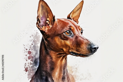 Realistic Portrait of Red a Miniature Pinscher. Cute funny puppy, toy terrier. Watercolor. Generative AI.