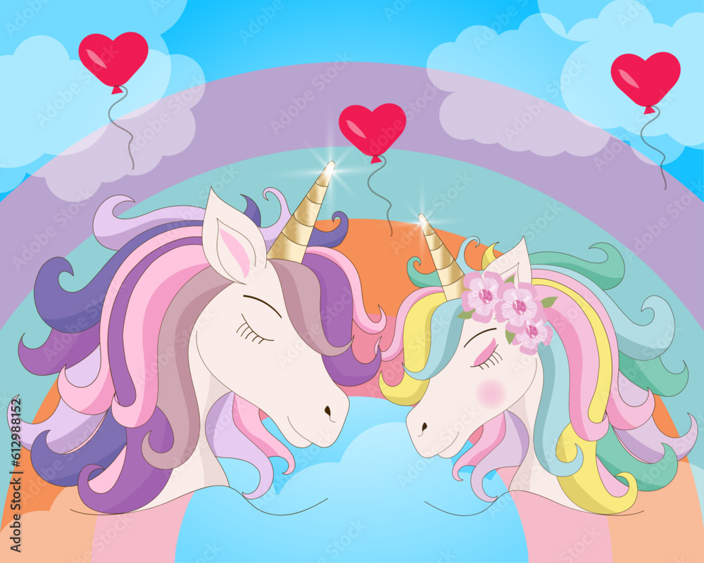 Cute couple of unicorns. Two unicorns fall in love. Vector illustration Cute couple of unicorns. Two unicorns fall in love. Vector illustration