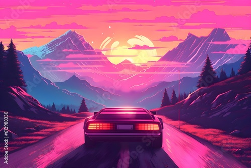 Beautiful 80s Retrowave landscape. Synthwave wallpaper and background. Printable wallpaper  photo