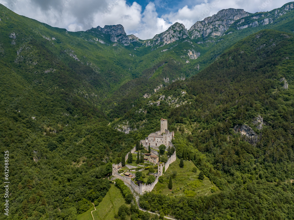 Castle of Avio in Trento province, Vallagarina, Trentino Alto Adige, northern Italy, Europe. Sabbionara medieval castle from amazing drone view