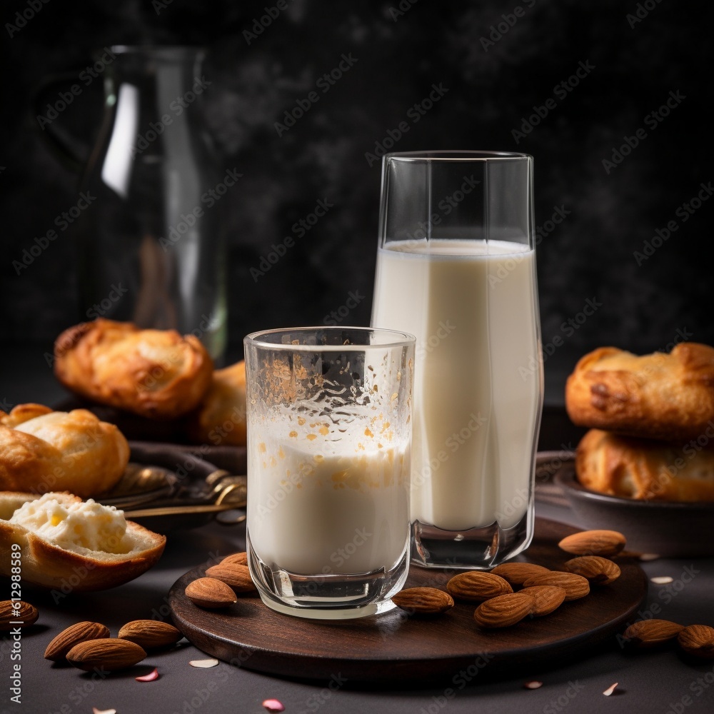 Creamy and nutty Badam Milk in a tall glass with sweet pastries on table Creamy and nutty Badam Milk in a tall glass with sweet pastries on table