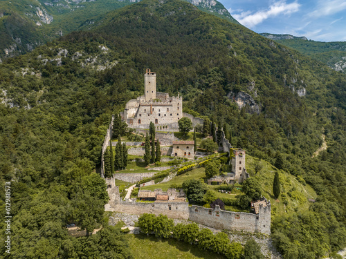 Castle of Avio in Trento province  Vallagarina  Trentino Alto Adige  northern Italy  Europe. Sabbionara medieval castle from amazing drone view