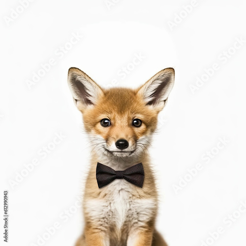 Adorable Cute Baby Coyote Animal in a Bow Tie Close Up Portrait Generative AI on White Background