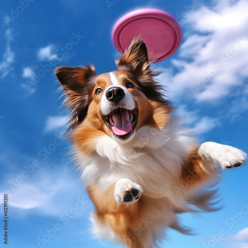 A sheltie dog that catches a disk in a jump. Dog play with collar, Dog Frisbee © Маргарита Колесник