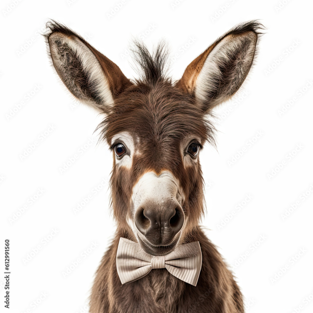 Adorable Cute Baby Donkey Foal Animal in a Bow Tie Close Up Portrait Generative AI on White Background Adorable Cute Baby Donkey Foal Animal in a Bow Tie Close Up Portrait Generative AI on White Background