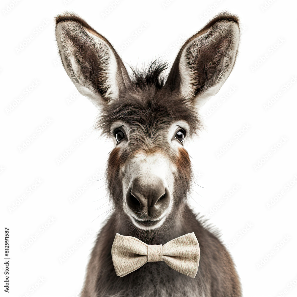 Adorable Cute Baby Donkey Foal Animal in a Bow Tie Close Up Portrait Generative AI on White Background Adorable Cute Baby Donkey Foal Animal in a Bow Tie Close Up Portrait Generative AI on White Background
