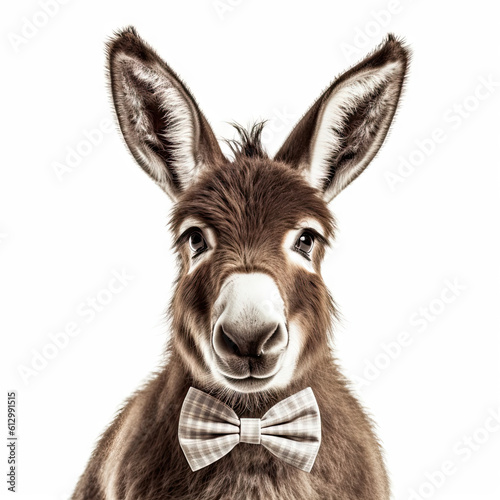 Adorable Cute Baby Donkey Foal Animal in a Bow Tie Close Up Portrait Generative AI on White Background