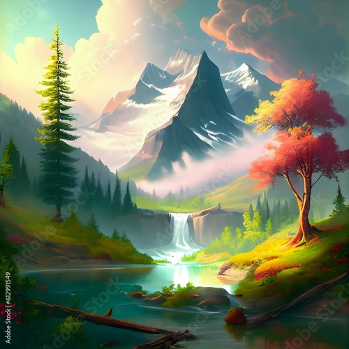 Wallpaper Mural mountains, trees, clouds, magical, landscape, forests, streams, sun, peaks, sky,
