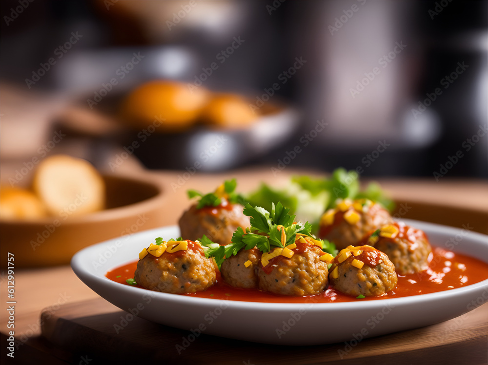 Meatballs that look delicious against a blurred background, AI generated Meatballs that look delicious against a blurred background, AI generated