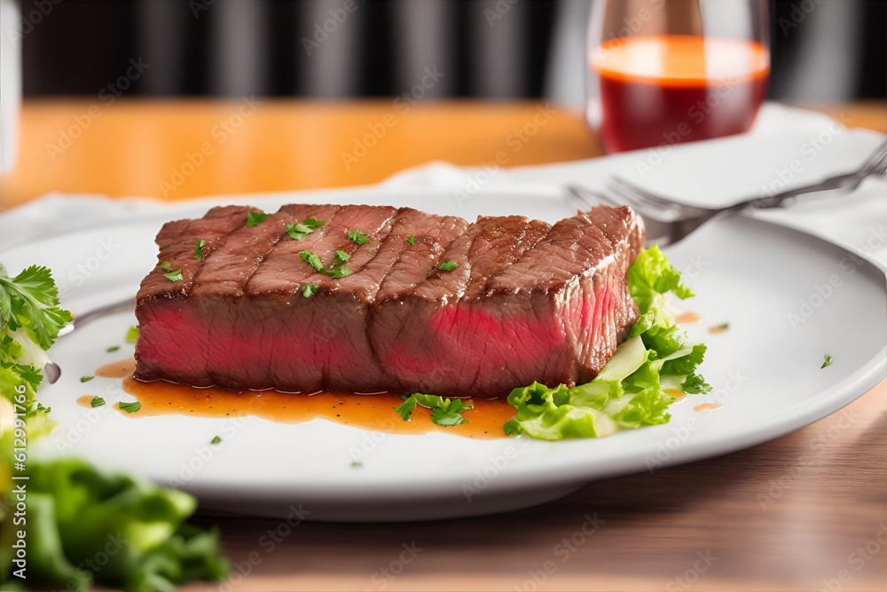 picture of beef steak on the table, looks delicious and tempting. AI generated