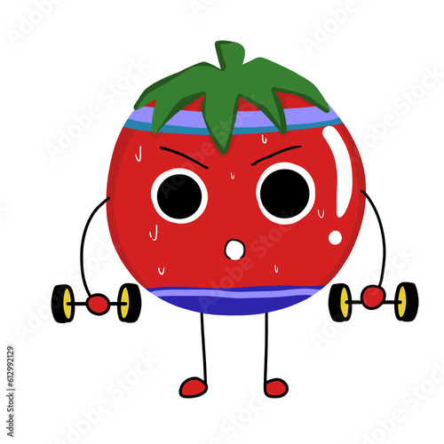 Cartoon tomato character lifting weights. Cute sporty tomato character making cardio workout. hand drawing cartoon, PNG illustration.