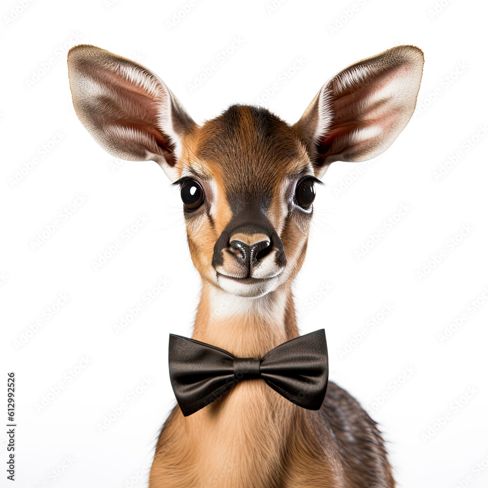 Adorable Cute Baby Impala Animal in a Bow Tie Close Up Portrait on White Background Nursery, Kid's, Children's room, pediatric office Digital Wall Print Art Generative AI