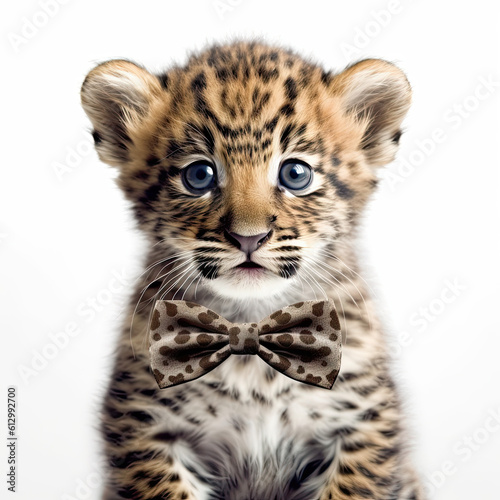 Adorable Cute Baby Cheetah Animal in a Bow Tie Close Up Portrait on White Background Nursery, Kid's, Children's room, pediatric office Digital Wall Print Art Generative AI