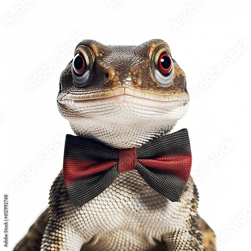Adorable Cute Baby Lizard Animal in a Bow Tie Close Up Portrait on White Background Nursery, Kid's, Children's room, pediatric office Digital Wall Print Art Generative AI