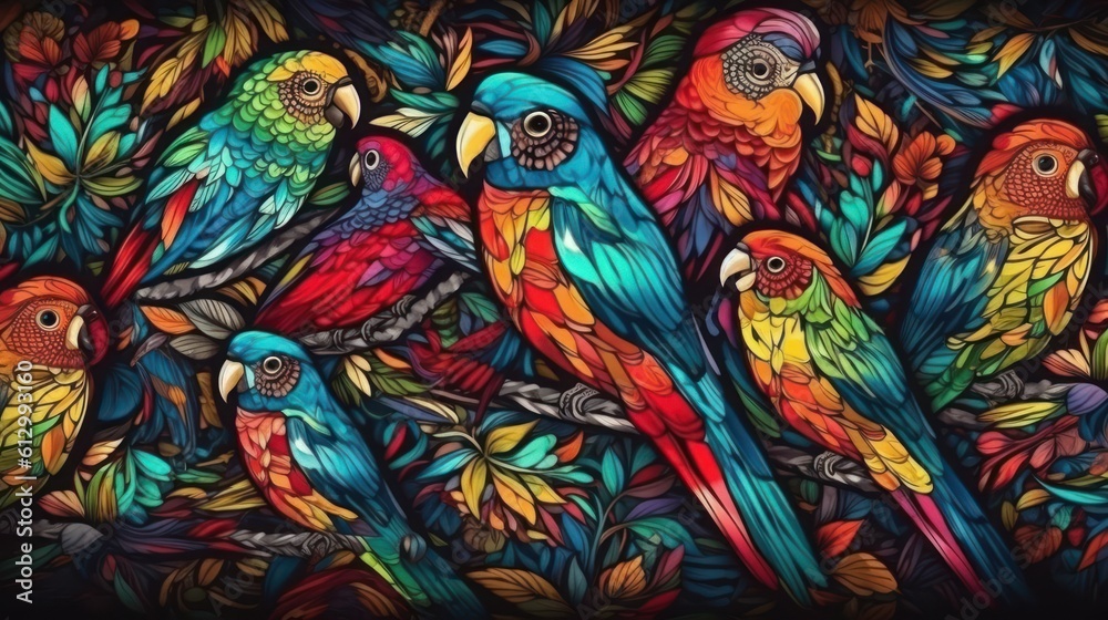 Parrots. Tropical Pattern with Parrots and Flowers in Bright Colors. Tropical Pattern. Parrots Pattern. Made With Generative AI.