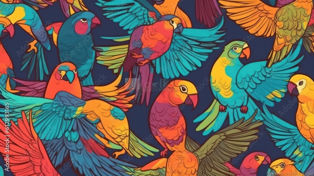 Parrots. Tropical Pattern with Parrots and Flowers in Bright Colors. Tropical Pattern. Parrots Pattern. Made With Generative AI.