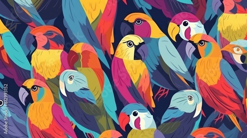 Parrots. Tropical Pattern with Parrots and Flowers in Bright Colors. Tropical Pattern. Parrots Pattern. Made With Generative AI.