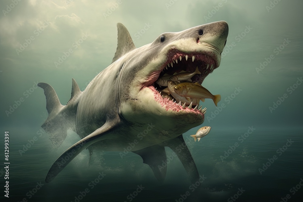 Naklejka premium Model of a dangerous predatory white shark with prey in mouth AI Generative AI