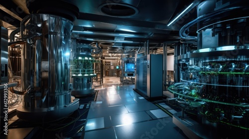 Futuristic laboratory where scientists harness the power of quantum computers, with complex algorithms and quantum entanglement pushing the boundaries of computation