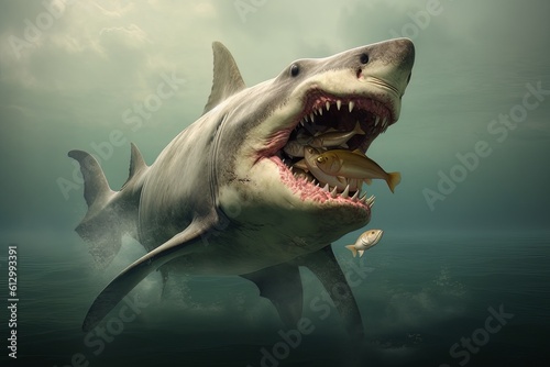 Model of a dangerous predatory white shark with prey in mouth AI Generative AI