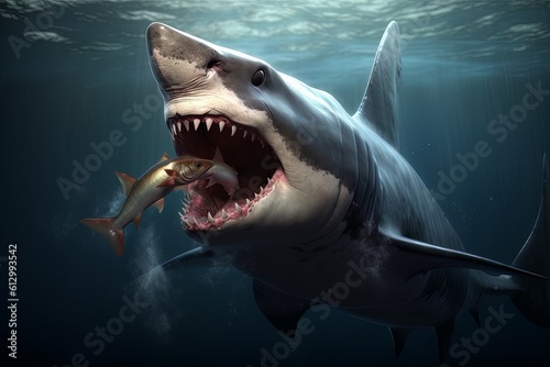 Model of a dangerous predatory white shark with prey in mouth AI Generative AI © Vitalii But