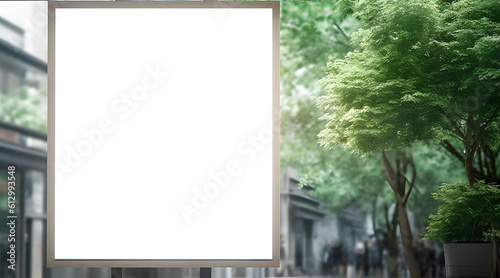 Blank mock up of store showcase and add advertisement window with greenery tree background.