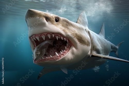 Model of a dangerous predatory white shark with prey in mouth AI Generative AI