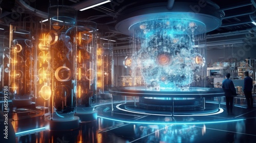 Futuristic laboratory where scientists harness the power of quantum computers, with complex algorithms and quantum entanglement pushing the boundaries of computation © Damian Sobczyk