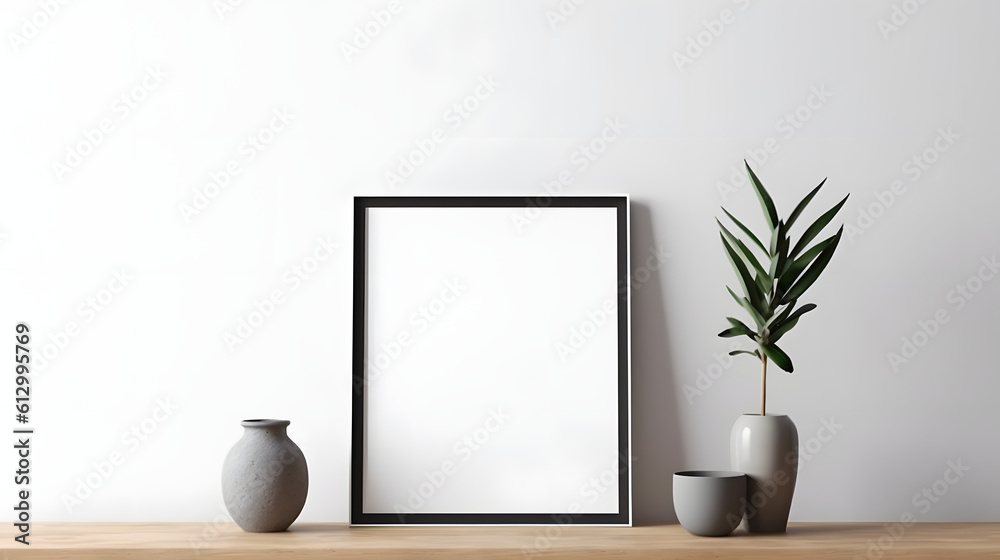 Blank picture frame mockup on white wall. Artwork in design interior. Modern scandinavian style. Home staging and minimalism concept Blank picture frame mockup on white wall. Artwork in design interior. Modern scandinavian style. Home staging and minimalism concept