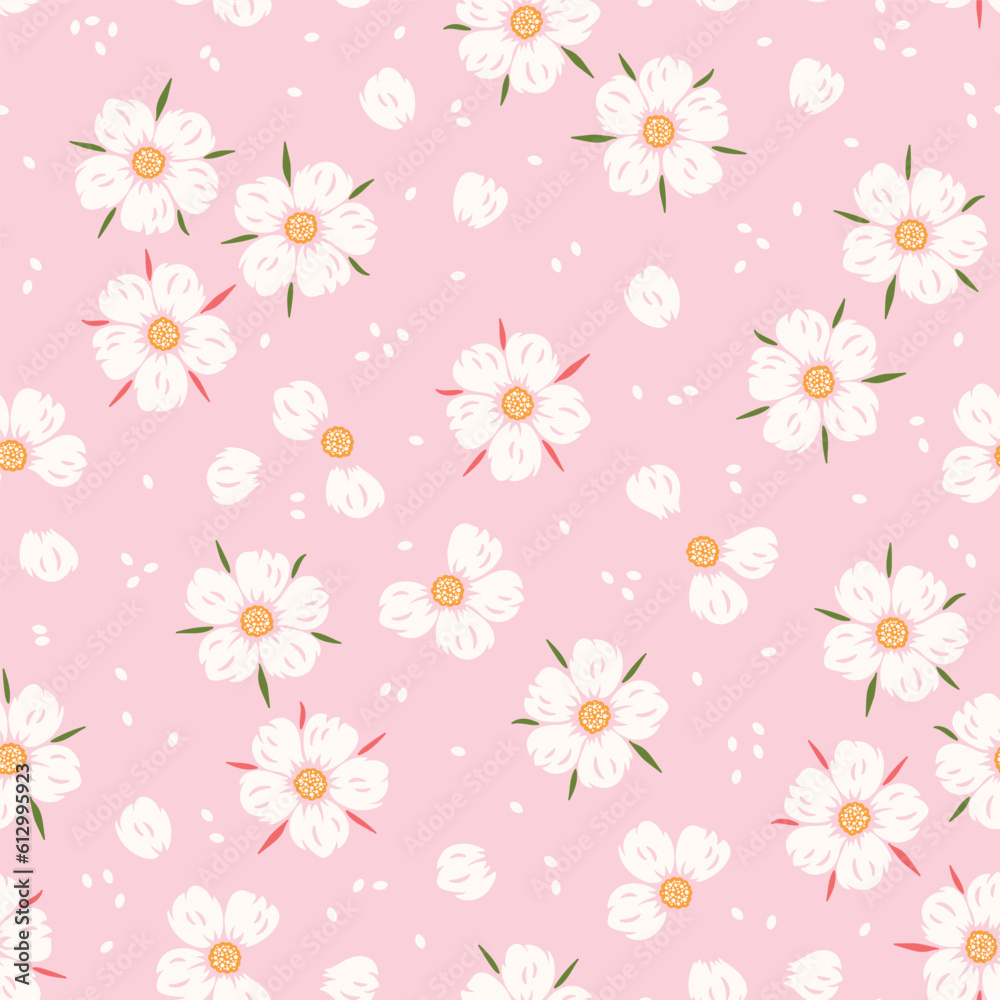 Summer Floral Seamless Pattern. Flower of Strawberry. Vector Pink Background. Great for Textile, Wrapping Paper, Packaging etc.