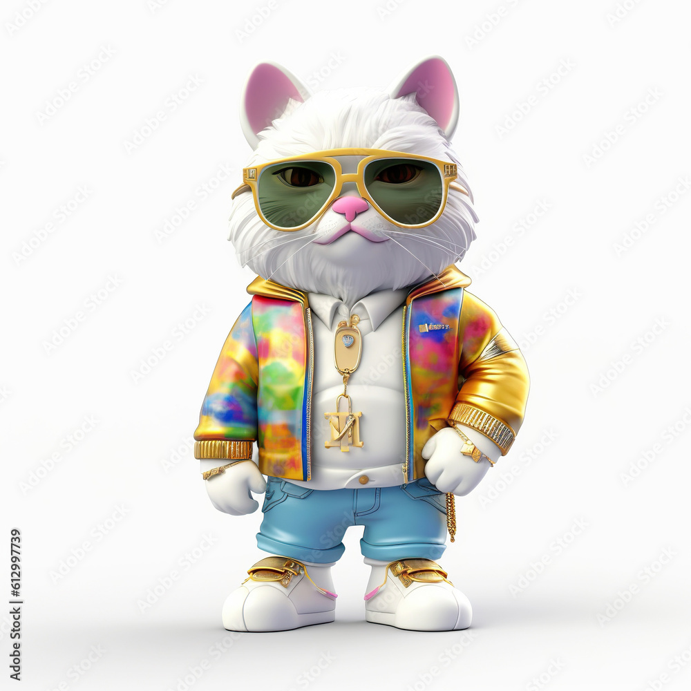 Cartoon colorful cat in sunglasses on a white background. Generative AI